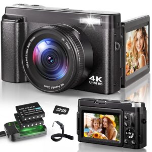 48MP 4K Digital Digicam for Images and Vlogging with 3” 180° Flip Display, 16X Digital Zoom, Anti-Shake Function, Compact Journey Digicam, Consists of SD Card