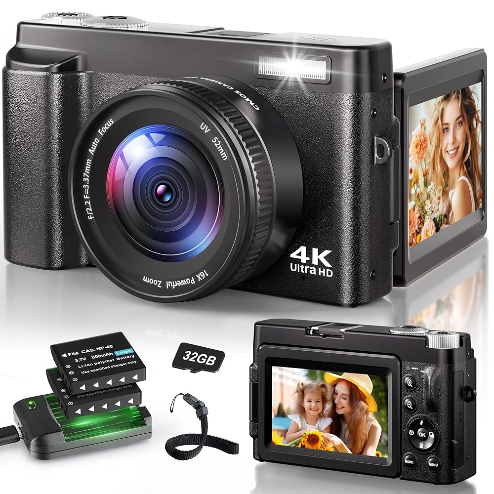 48MP 4K Digital Digicam for Images and Vlogging with 3” 180° Flip Display, 16X Digital Zoom, Anti-Shake Function, Compact Journey Digicam, Consists of SD Card