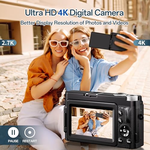 48MP 4K Digital Digicam for Images and Vlogging with 3'' 180° Flip Display, 16X Digital Zoom, Anti-Shake Function, Compact Journey Digicam, Consists of SD Card