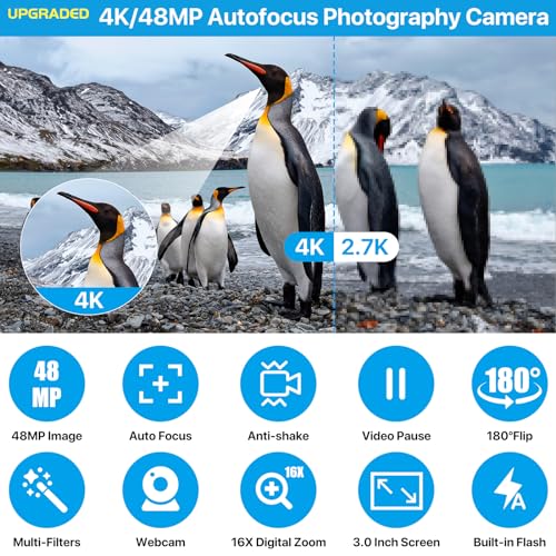 48MP 4K Digital Digicam for Images with Autofocus, Consists of SD Card, 180° 3.0-Inch Flip Display screen Vlogging Digicam for YouTube Movies, Compact Design with 16X Digital Zoom