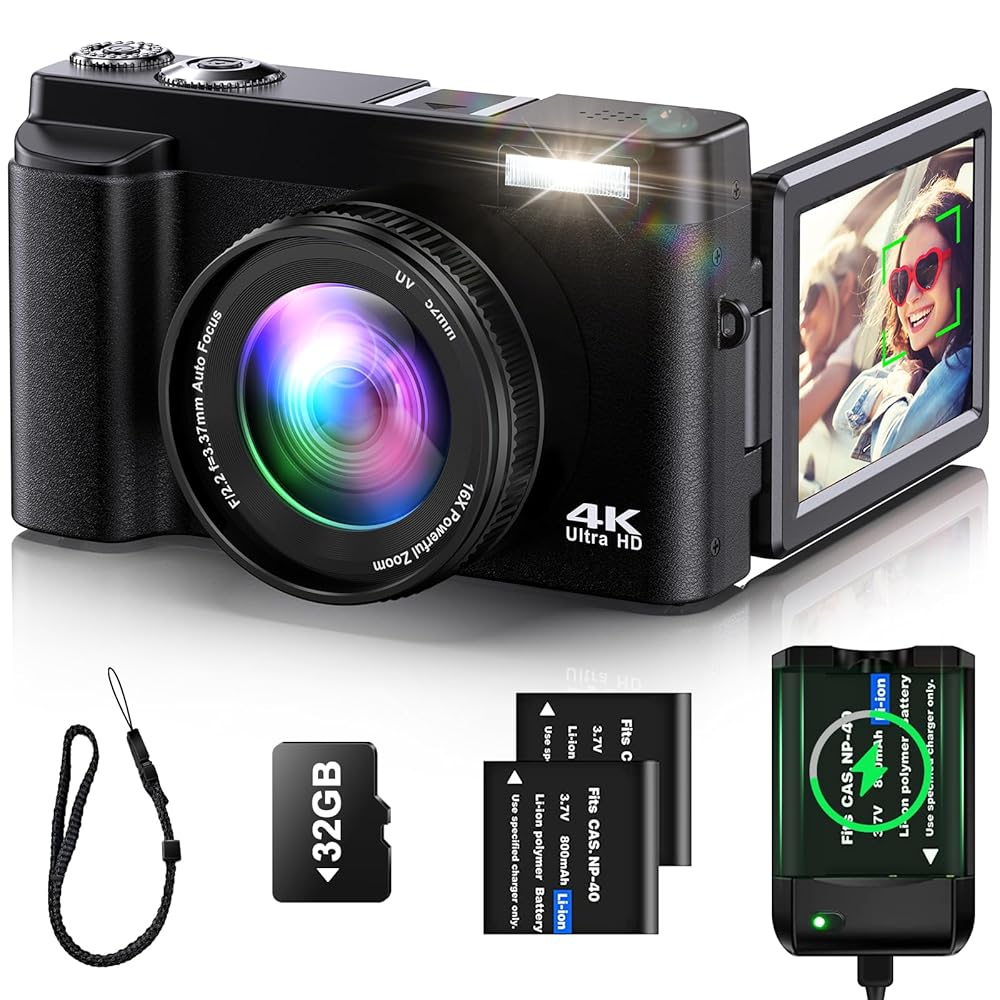 4K Digital Digital camera with Auto-Focus for Pictures and Vlogging – YouTube Prepared, 3” 180° Flip Display screen, 16X Anti-Shake, Compact Design, Contains SD Card and Flash