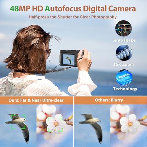 4K Digital Digicam for Images and Movies, 48MP Vlogging Digicam with SD Card, Autofocus, Anti-Shake, 3'' 180° Flip Display screen, Flash, 16X Zoom - Compact Digicam for