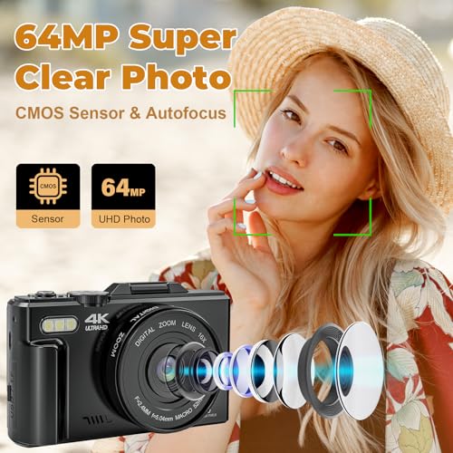 4K Digital Digicam - Images Digital Cameras - 64MP Vlogging Digicam for YouTube - Autofocus Video Digicam with 3" 180° Flip Display screen and 18X Zoom - Compact Journey Digicam