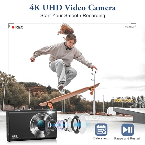 4K Digital Digital camera with 48MP for Vlogging, That includes Autofocus and Anti-Shake, Compact Level-and-Shoot with 16X Zoom and 32GB Card, Splendid Transportable Digital camera for Teenagers