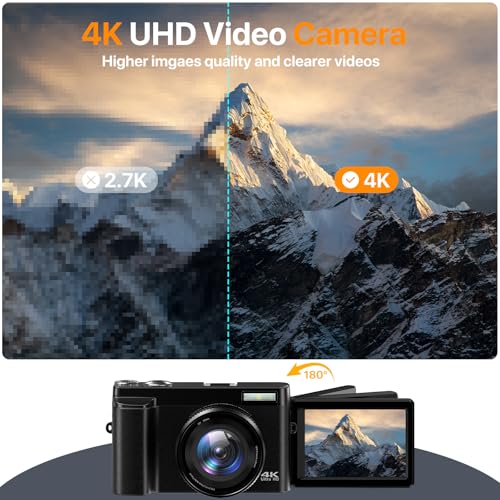 4K Digital Digital camera with Auto-Focus for Pictures and Vlogging - YouTube Prepared, 3'' 180° Flip Display screen, 16X Anti-Shake, Compact Design, Contains SD Card and Flash