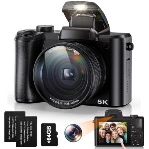 5K Digital Digital camera with 5X Optical Zoom, 64MP Twin Entrance and Rear Cameras for Pictures and Vlogging, 3.2″ IPS Touchscreen, 6-Axis Stabilization for YouTube Movies