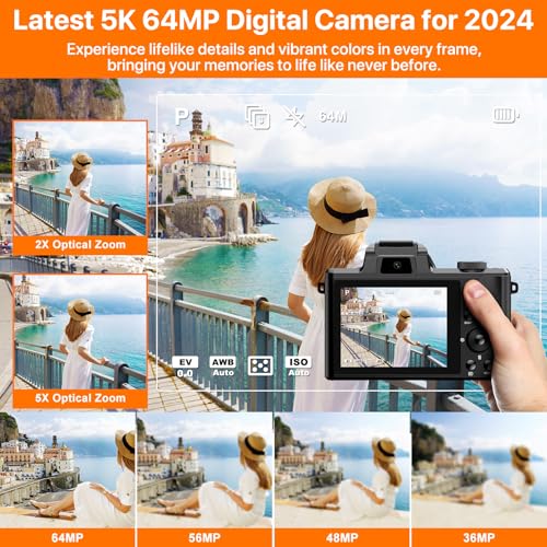 5K Digital Digital camera with 5X Optical Zoom, 64MP Twin Entrance and Rear Cameras for Pictures and Vlogging, 3.2" IPS Touchscreen, 6-Axis Stabilization for YouTube Movies