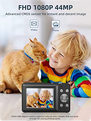 Camkory FHD 1080P Youngsters Digital Digicam - 44MP Level-and-Shoot with 32GB SD Card, 16X Zoom, Two Batteries, and Lanyard - Compact Digicam for Boys and Ladies