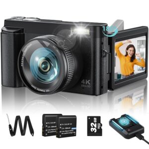 Enhanced 4K Digital Digital camera for Images – 48MP, 3” 180° Flip Display, 16X Zoom, Autofocus Vlogging Digital camera for YouTube, Compact Level-and-Shoot with 32GB Card, 2