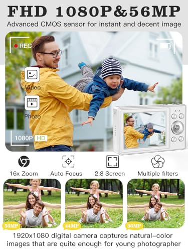 Enhanced Digital Digital camera for Children - 56MP FHD 1080P with 16x Zoom and Anti-Shake, Consists of 32GB TF Card, Two Batteries, Lanyard, Compact Dimension for Boys