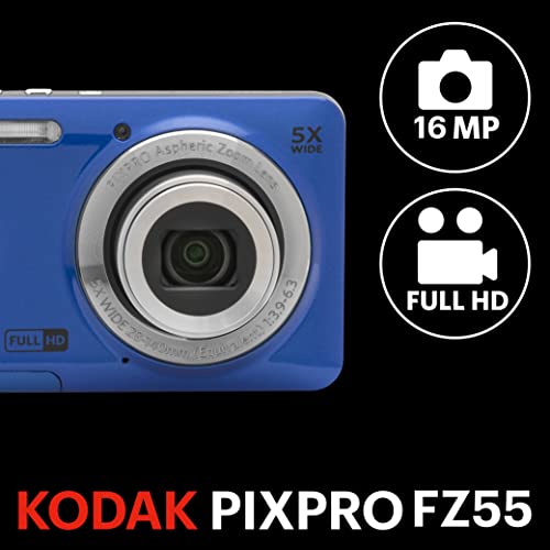 KODAK PIXPRO FZ55-BL 16MP Digital Digital camera with 5X Optical Zoom, 28mm Huge Angle, 1080P Full HD Video, and a pair of.7" LCD Display for Vlogging (Blue)