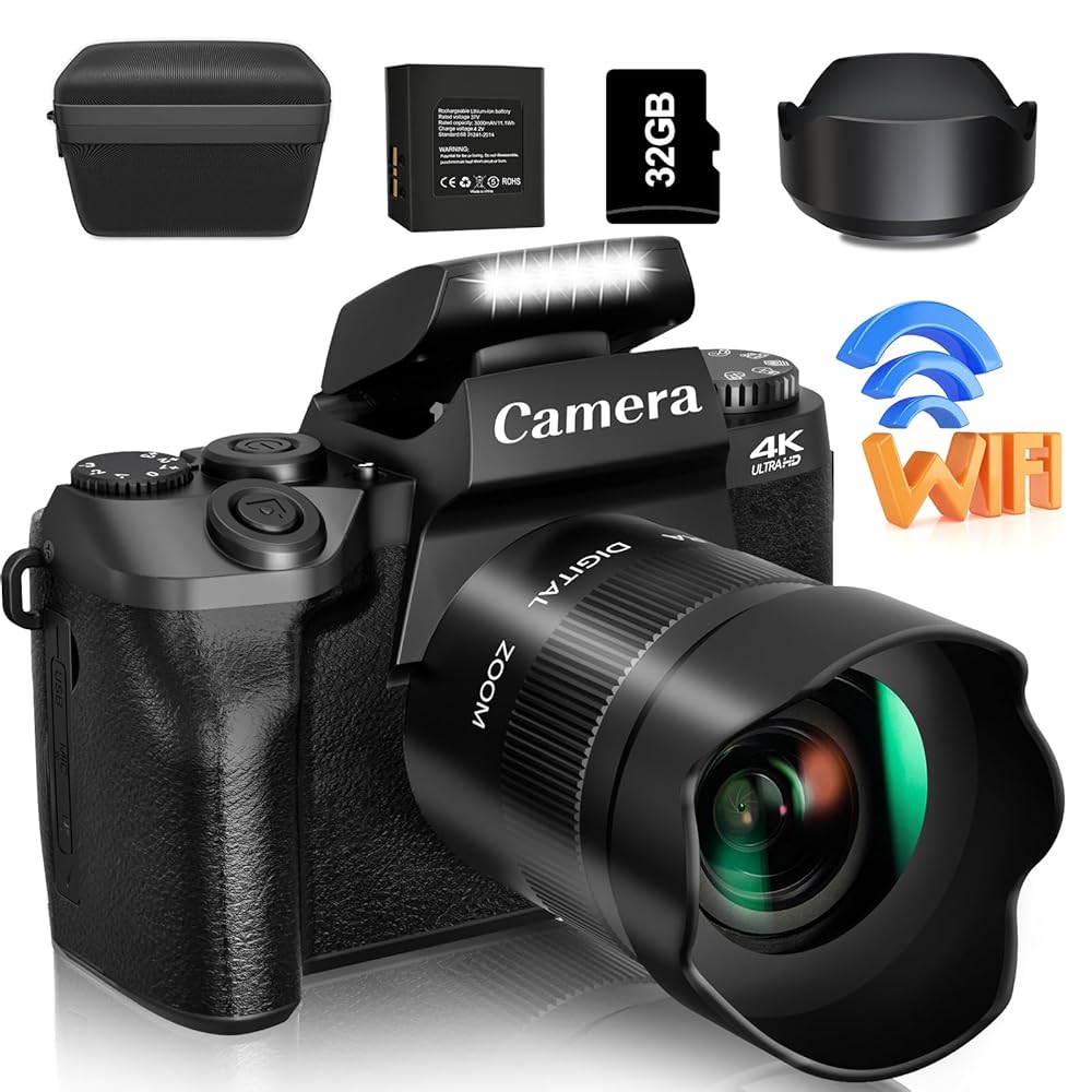 Saneen 4K Digital Digicam for Images and Video, 64MP WiFi Contact Display Vlogging Digicam for YouTube, Consists of Flash, 32GB SD Card, Lens Hood, and 3000mAH Battery