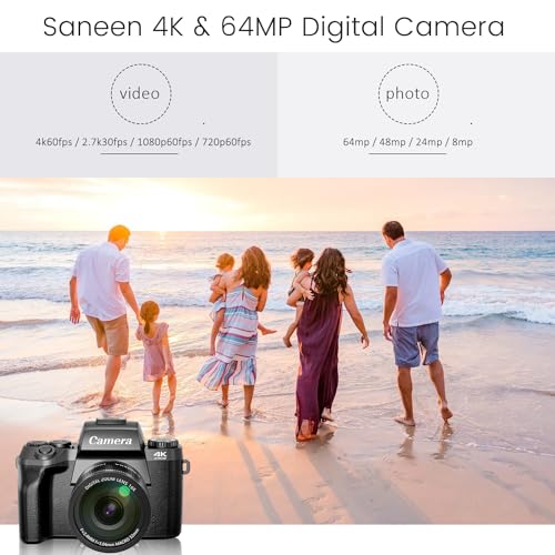 Saneen 4K Digital Digicam for Images and Video, 64MP WiFi Contact Display Vlogging Digicam for YouTube, Consists of Flash, 32GB SD Card, Lens Hood, and 3000mAH Battery